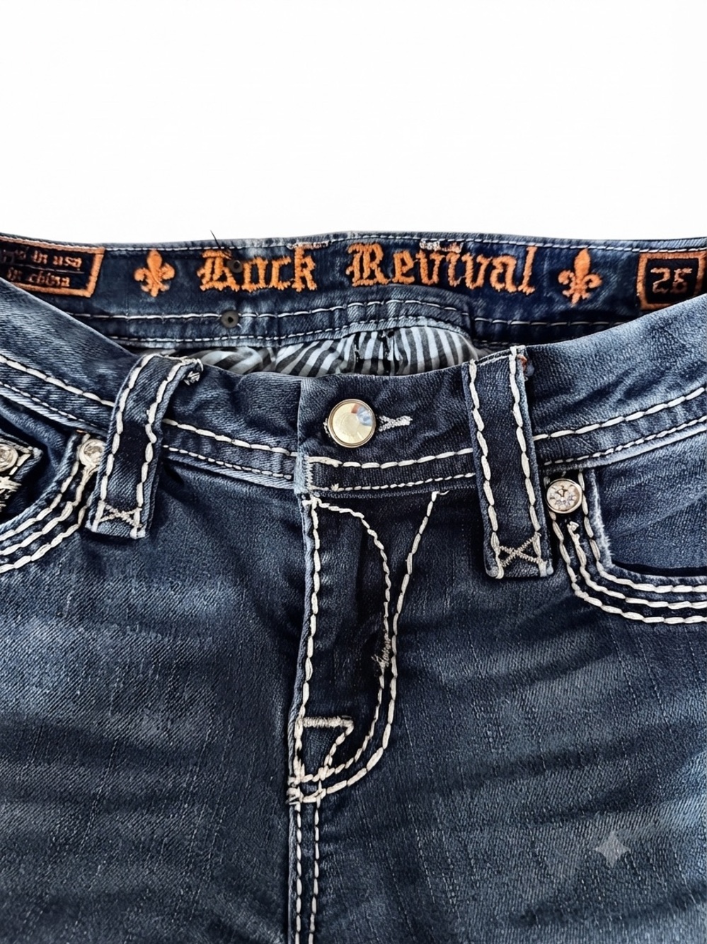 Rock Revival Women’s Dark Blue Skinny Jeans with Embellished Pockets-26/30